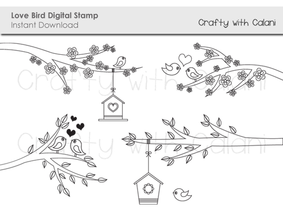Love Birds Digital Clipart, Love Birds Digital Stamp, Love Bird With Branches & Flowers, Birdhouse